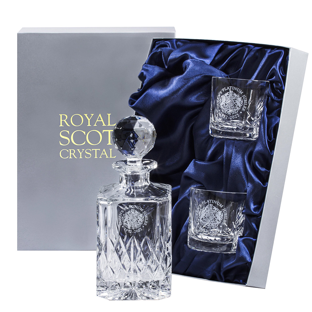 Royal Scot Crystal - Queens Platinum Jubilee - Kintyre Crystal Whisky Set Presentation Boxed