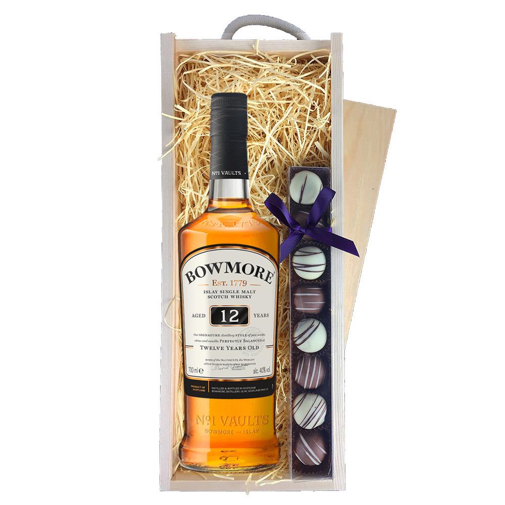 Bowmore 12 Year Old Whisky 70cl & Truffles, Wooden Box