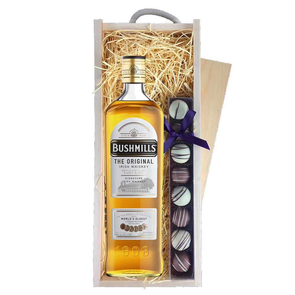 Bushmills Irish Whiskey 70cl & Truffles, Wooden Box
