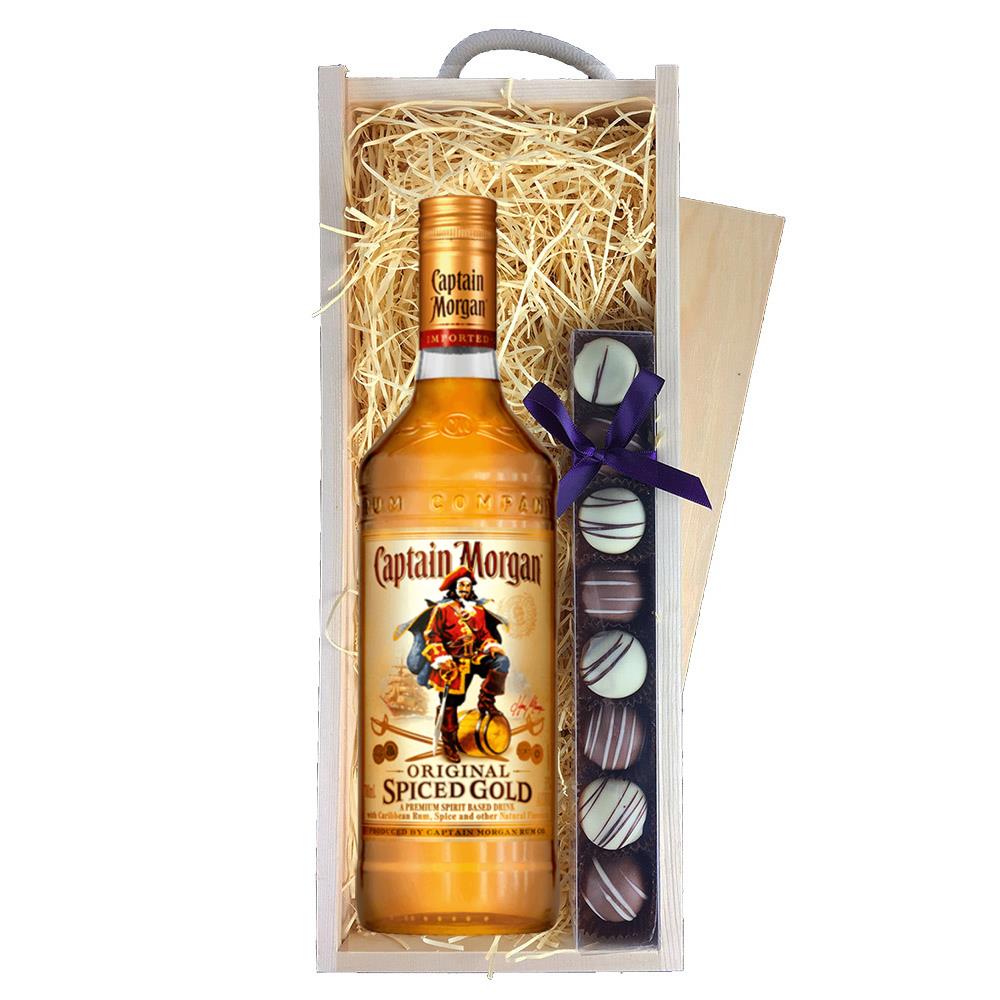 Captain Morgans Spiced Gold Rum 70cl & Truffles, Wooden Box