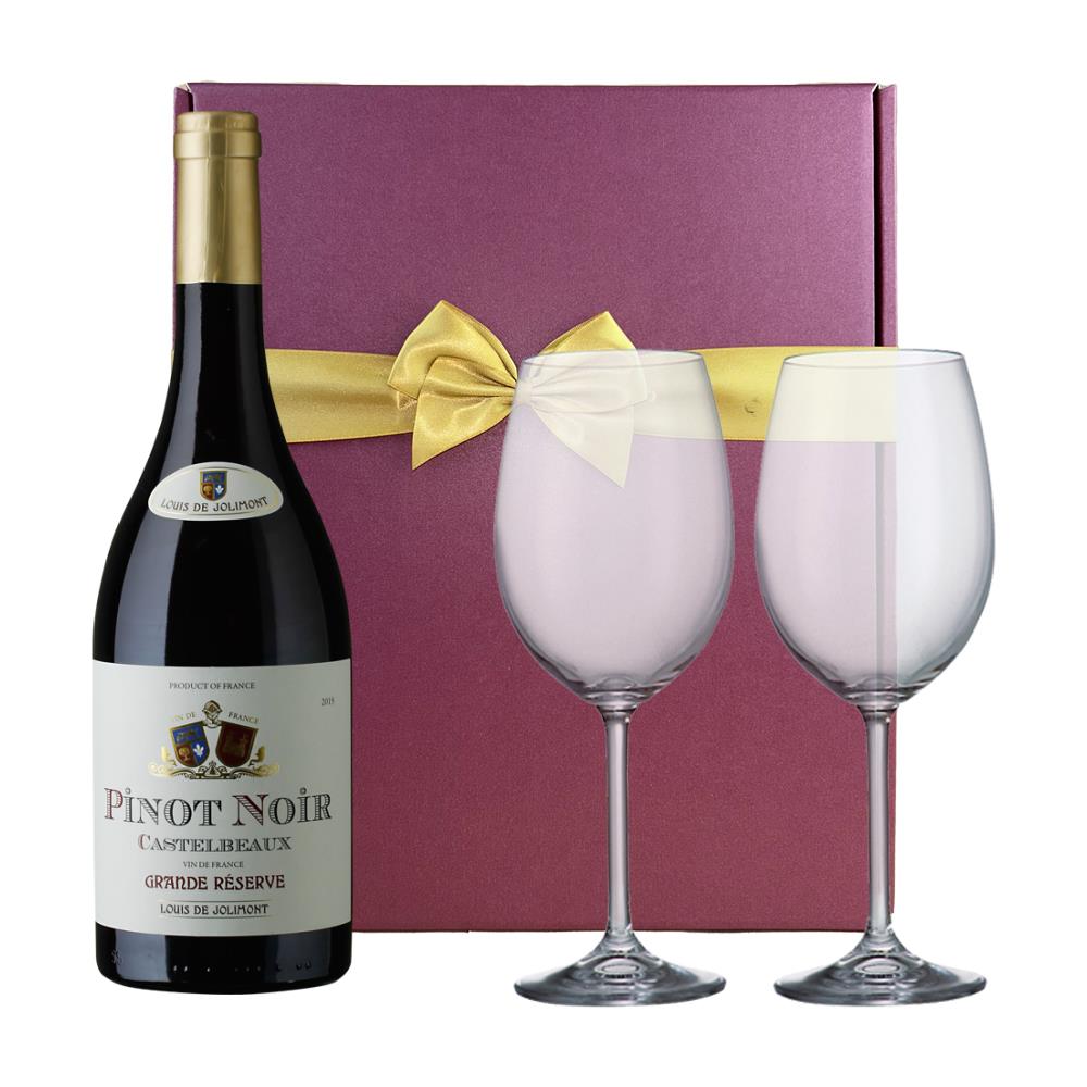 Castelbeaux Pinot Noir 75cl Red Wine And Bohemia Glasses In A Gift Box