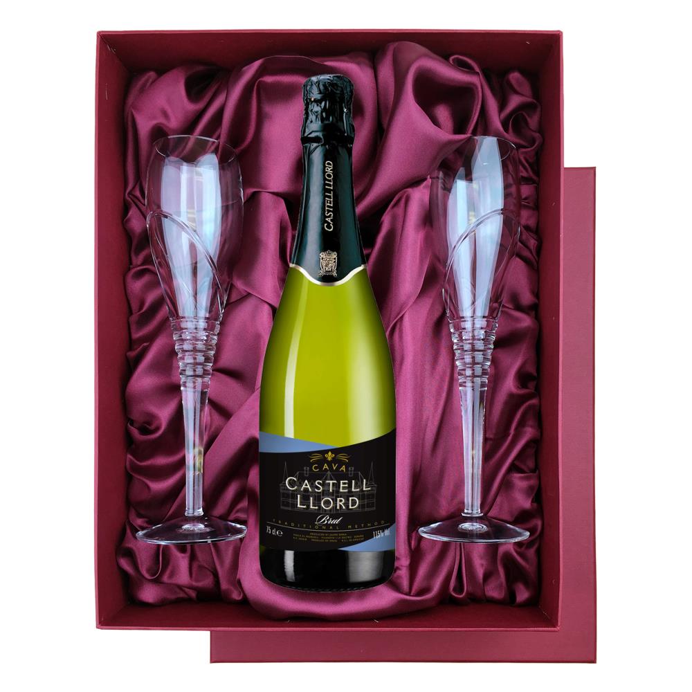 Castell Lord Cava 75cl in Burgundy Presentation Set With Flutes