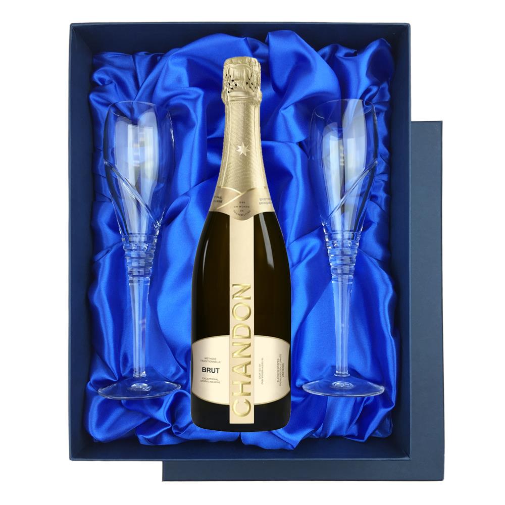 Chandon Brut Sparkling Wine 75cl in Blue Luxury Presentation Set With Flutes