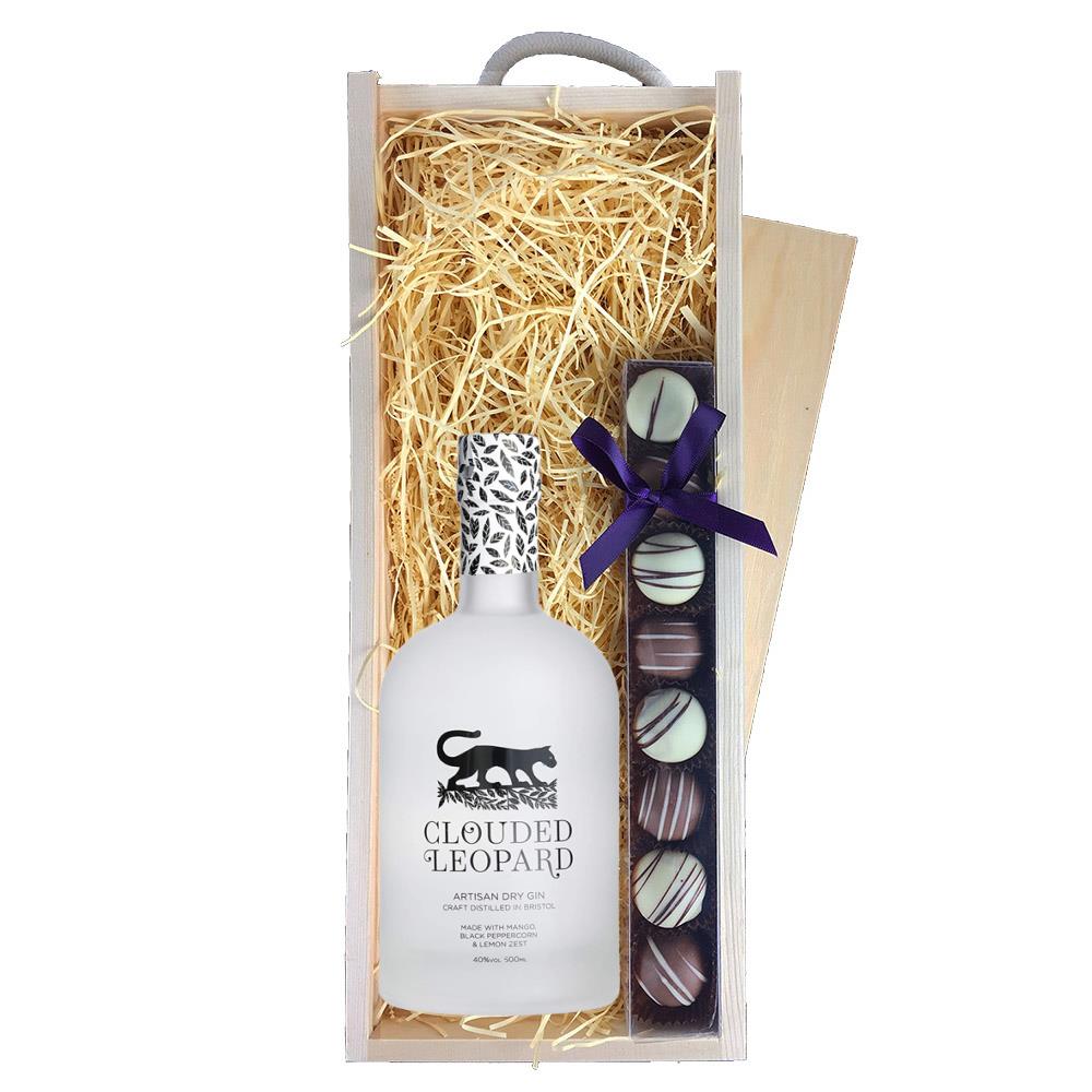 Clouded Leopard Artisan Dry Gin 50cl & Truffles, Wooden Box
