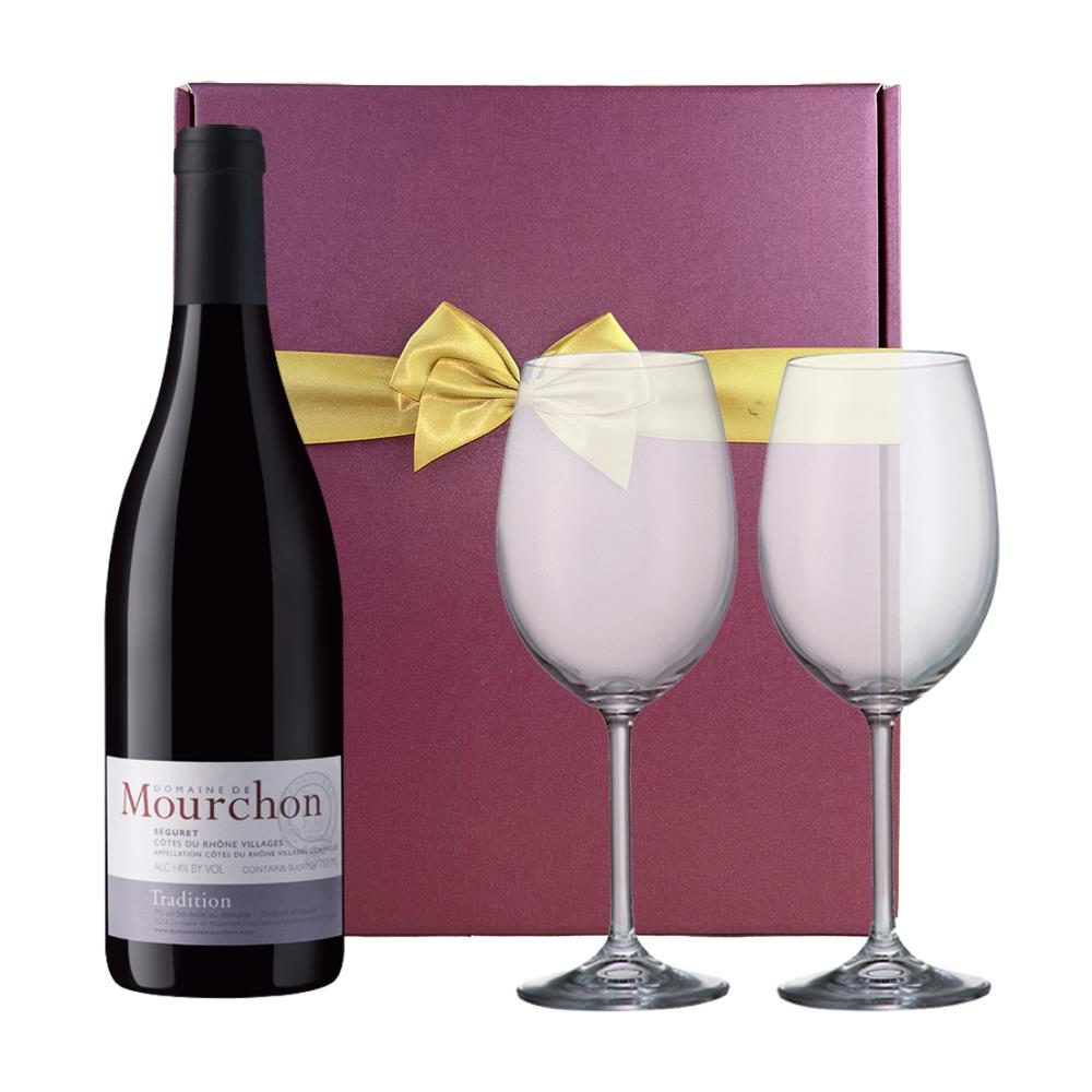 Domaine Mourchon Cotes du Rhone Tradition 75cl Red Wine And Bohemia Glasses In A Gift Box
