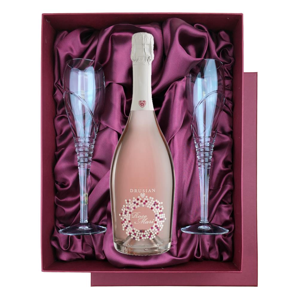 Drusian Spumante Rose Mari Prosecco in Burgundy Luxury Presentation Set With Flutes