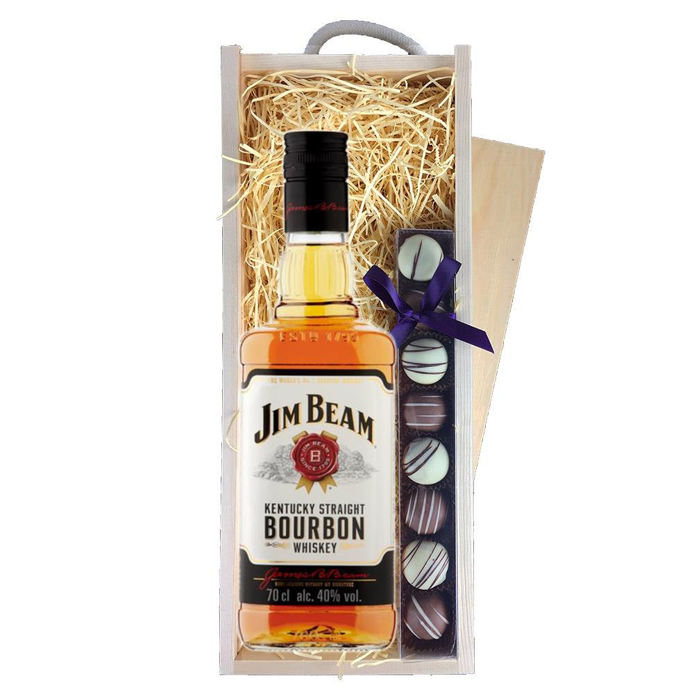 Jim Beam White Label Bourbon Whisky 70cl & Truffles, Wooden Box