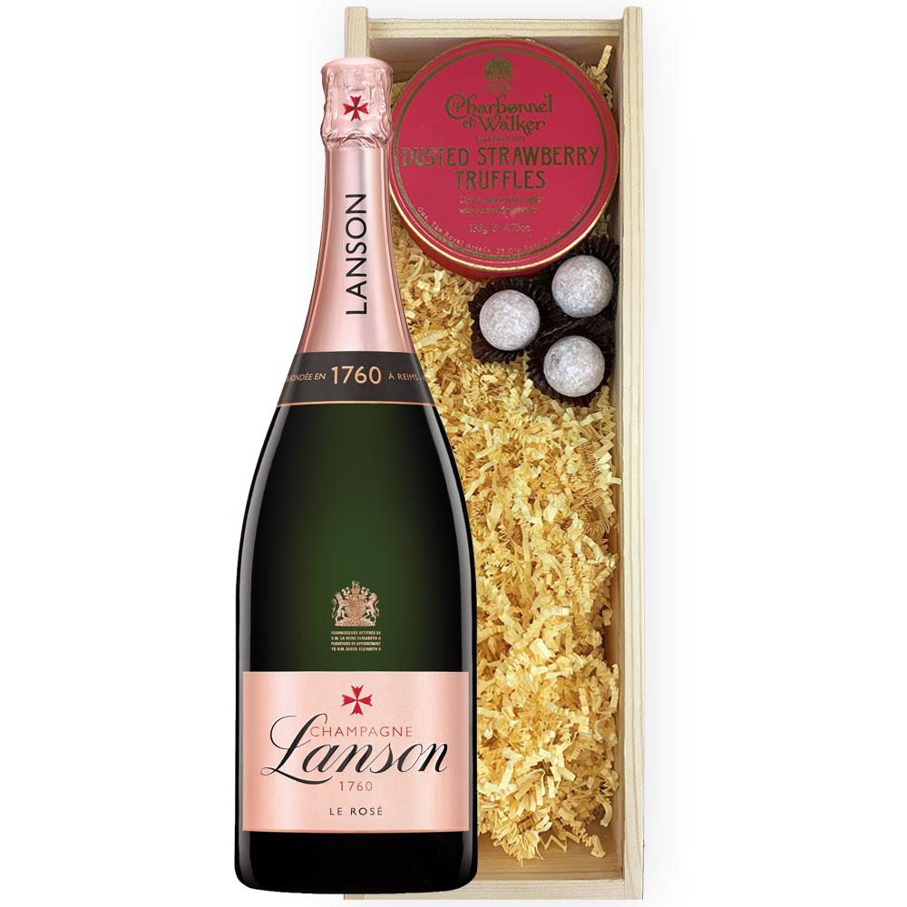 Lanson Le Rose Brut NV Champagne Magnum 150cl And Strawberry Charbonnel Truffles Magnum Box