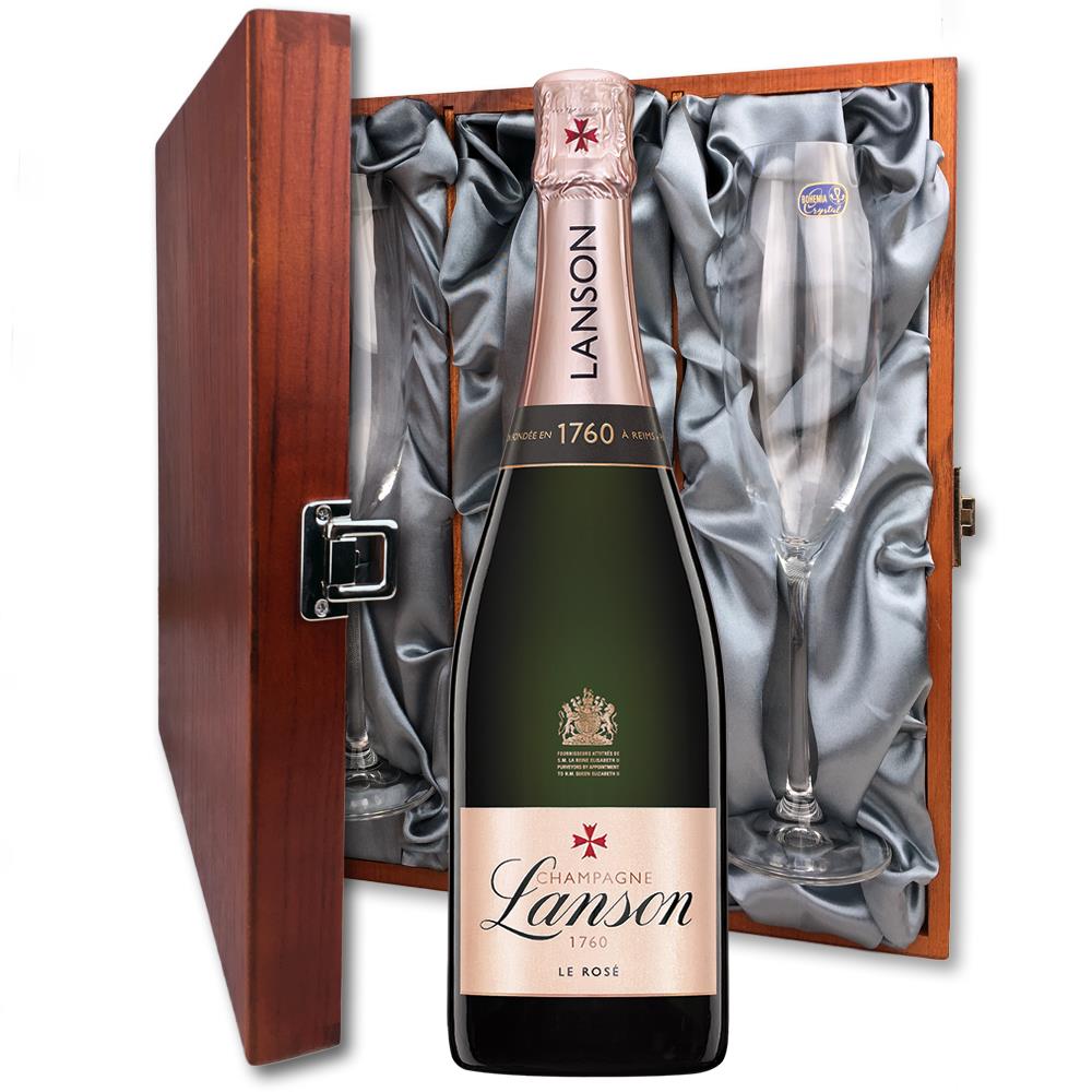 Lanson Le Rose Label Champagne 75cl And Flutes In Luxury Presentation Box