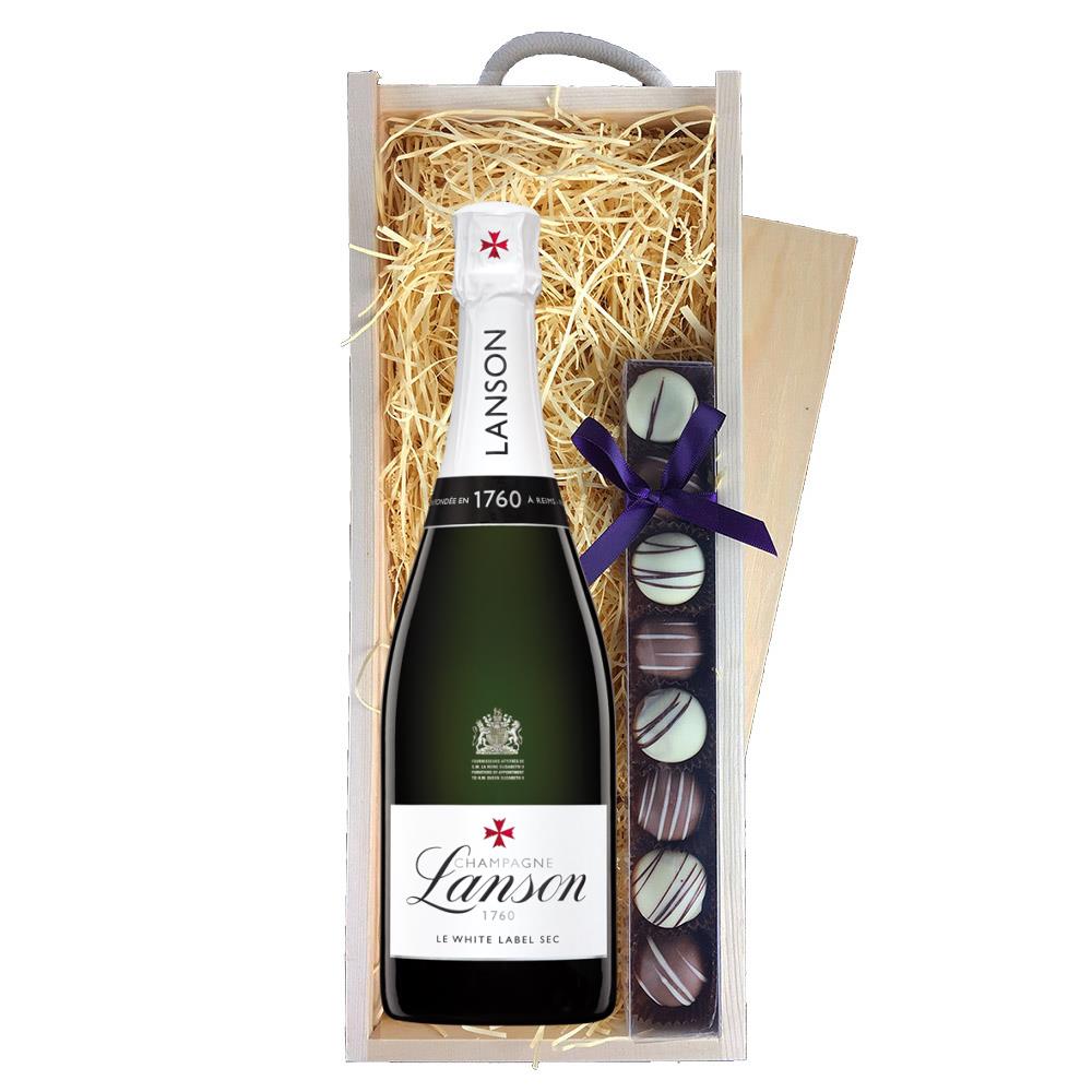 Lanson Le White Label Sec Champagne 75cl & Truffles, Wooden Box