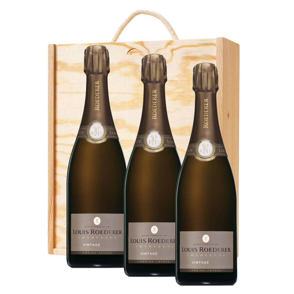 Louis Roederer Brut ,Vintage, 2014 75cl Trio Wooden Gift Boxed Champagne (3x75cl)