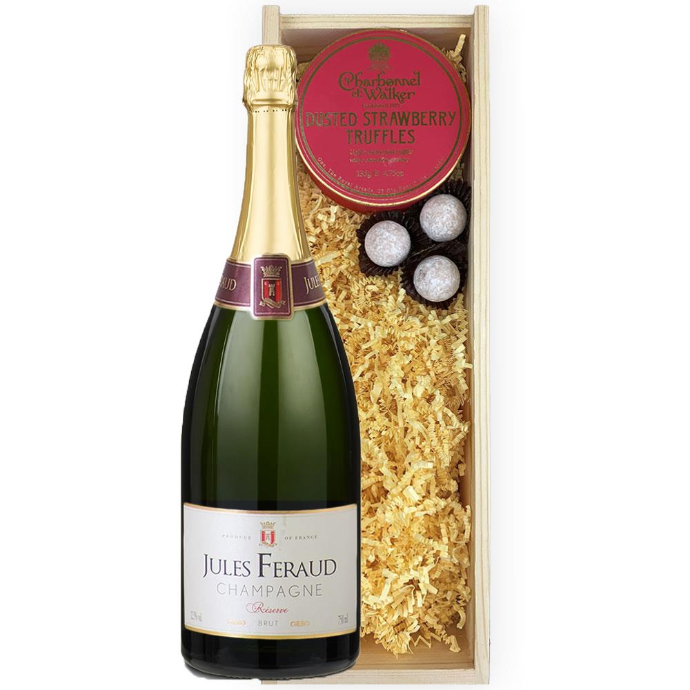 Magnum of Jules Feraud Champagne 1.5L And Strawberry Charbonnel Truffles Magnum Box