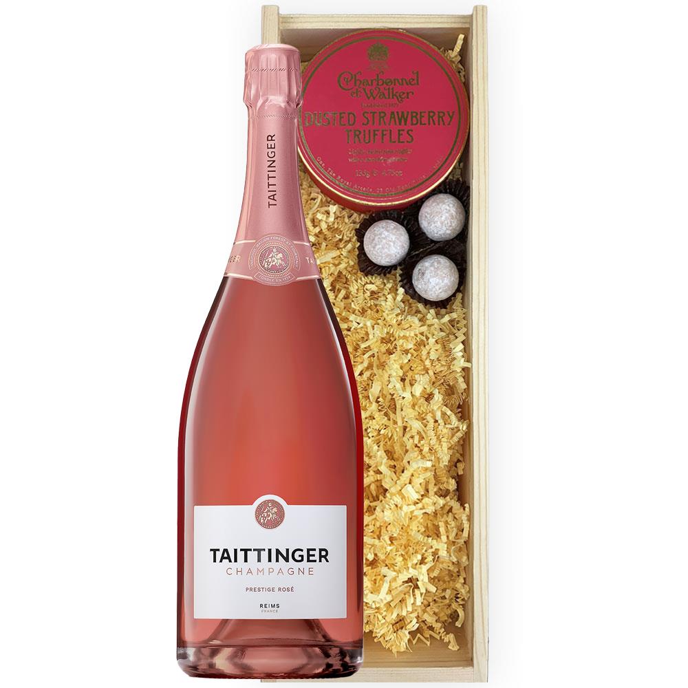 Magnum of Taittinger Brut Prestige Rose NV Champagne And Strawberry Charbonnel Truffles Magnum Box