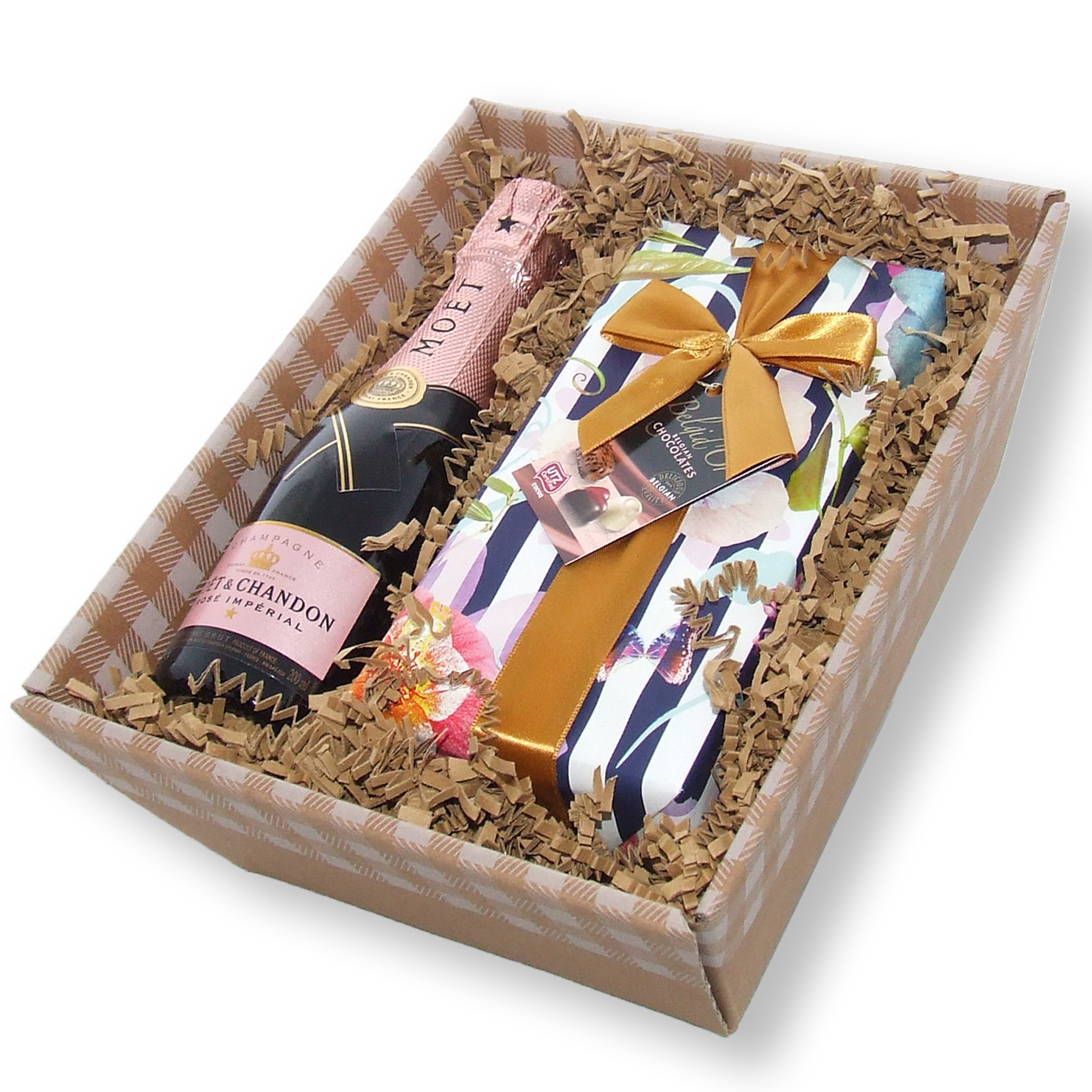 Mini Moet Rose Champagne and chocolates in tray | Gifts International