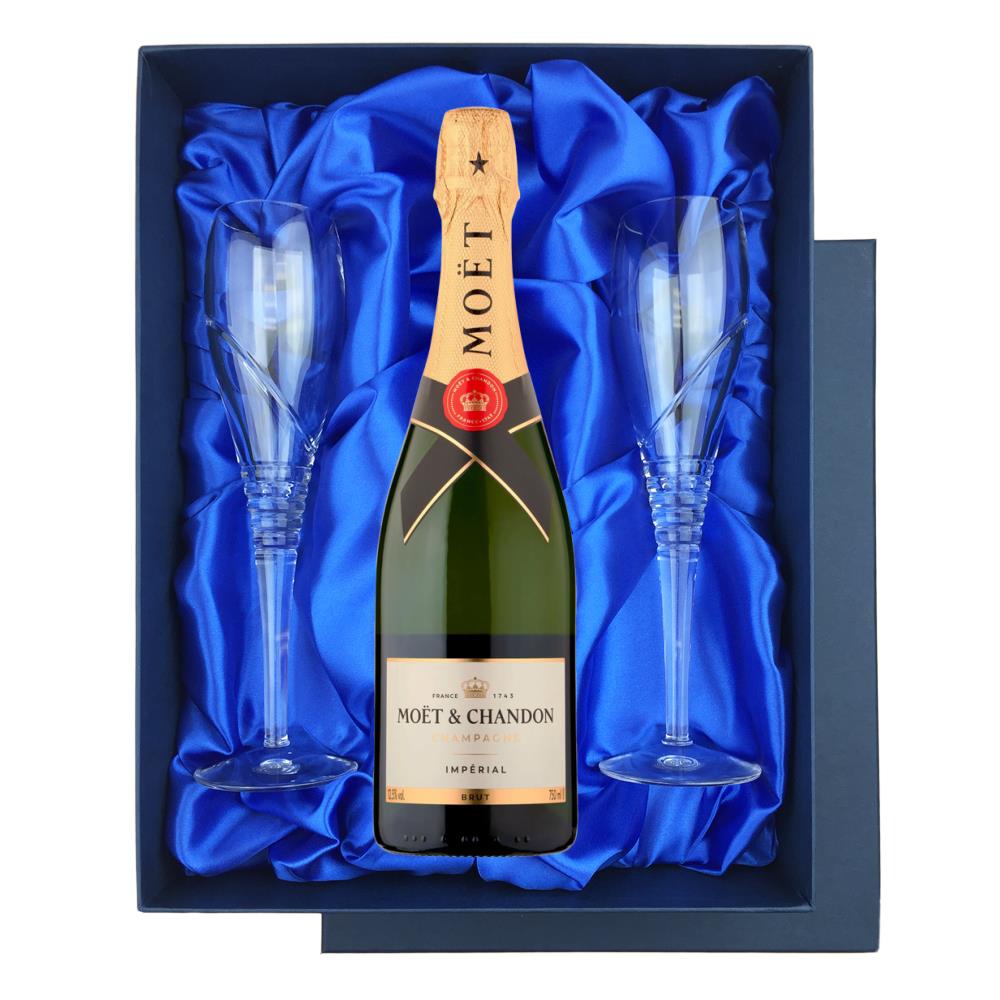 Moet & Chandon Brut Champagne 75cl in Blue Luxury Presentation Set With Flutes