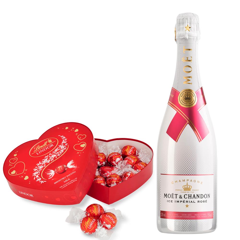 Moet and Chandon Ice Imperial Rose 75cl And Lindt Lindor Armour Heart Milk Truffle Box 160g