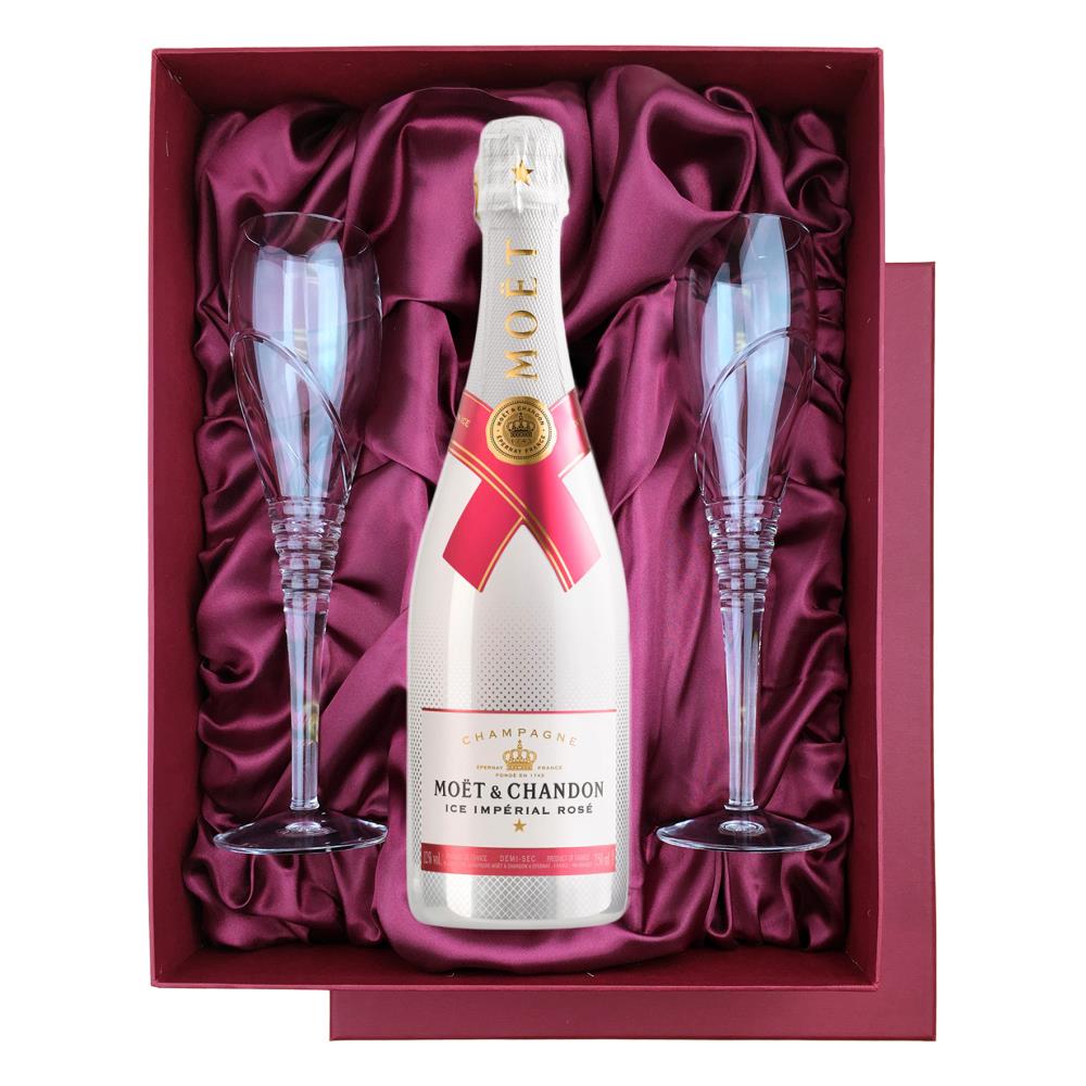Moet and Chandon Ice Imperial Rose 75cl in Burgundy Presentation Set With Flutes