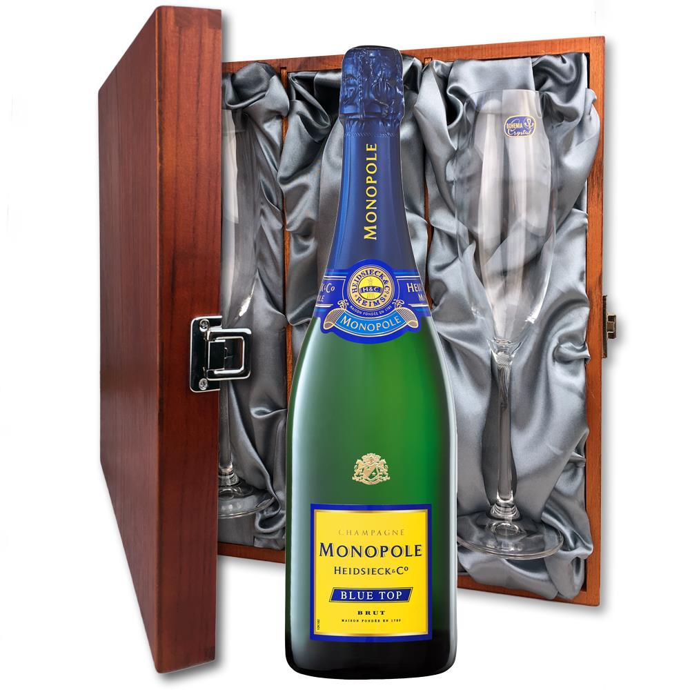 Monopole Blue Top Brut Champagne 75cl And Flutes In Luxury Presentation Box
