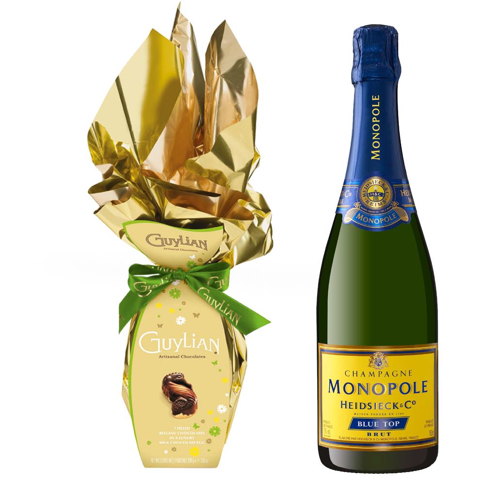 Monopole Blue Top Brut Champagne 75cl And Guylian Belgian Chocolate Easter Egg With Praline Seahorses 200g