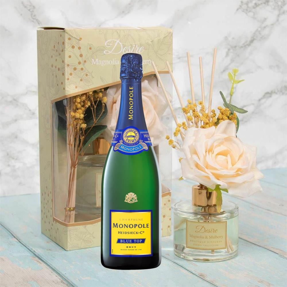 Monopole Blue Top Brut Champagne 75cl With Magnolia & Mulberry Desire Floral Diffuser