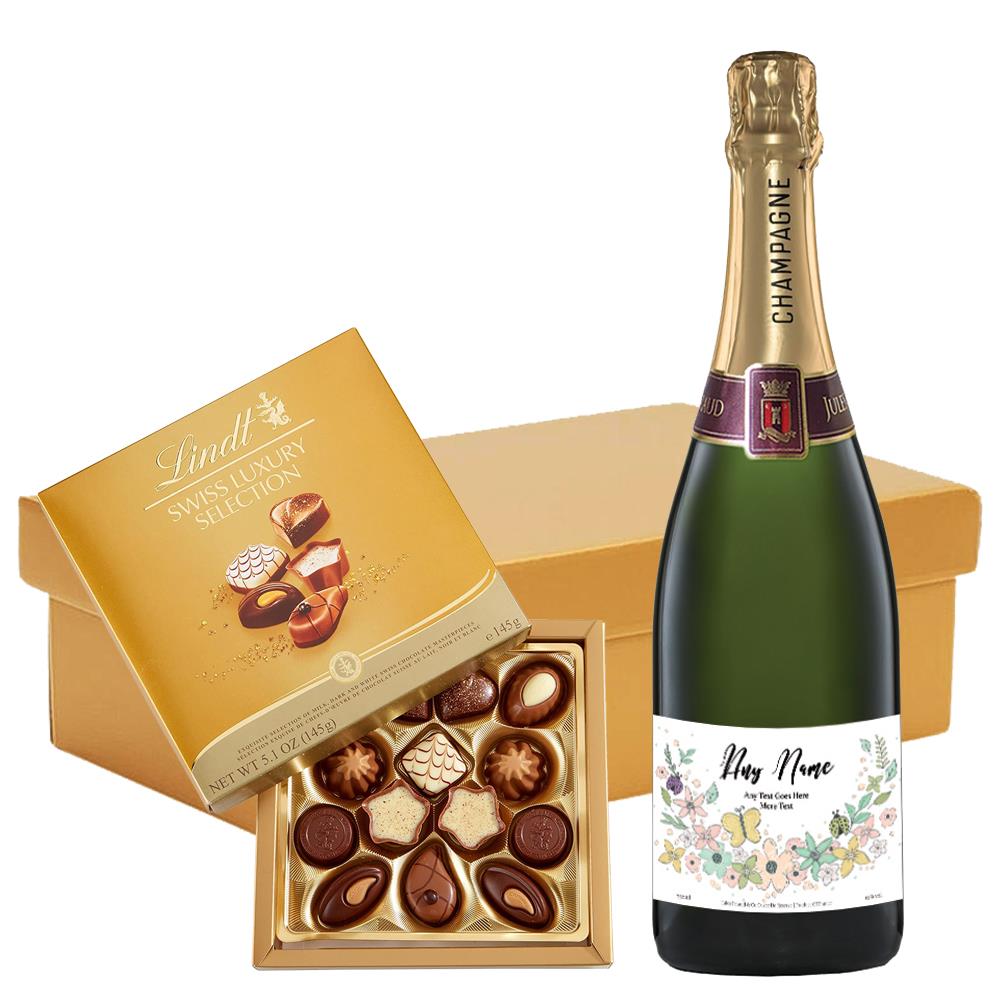 Personalised Champagne - Art 1 Label And Lindt Swiss Chocolates Hamper