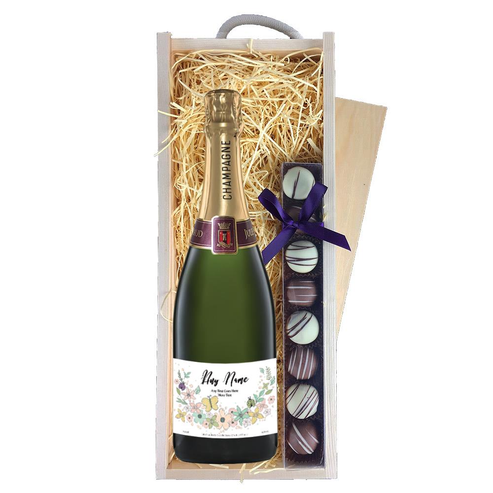 Personalised Champagne - Art 1 Label & Truffles, Wooden Box