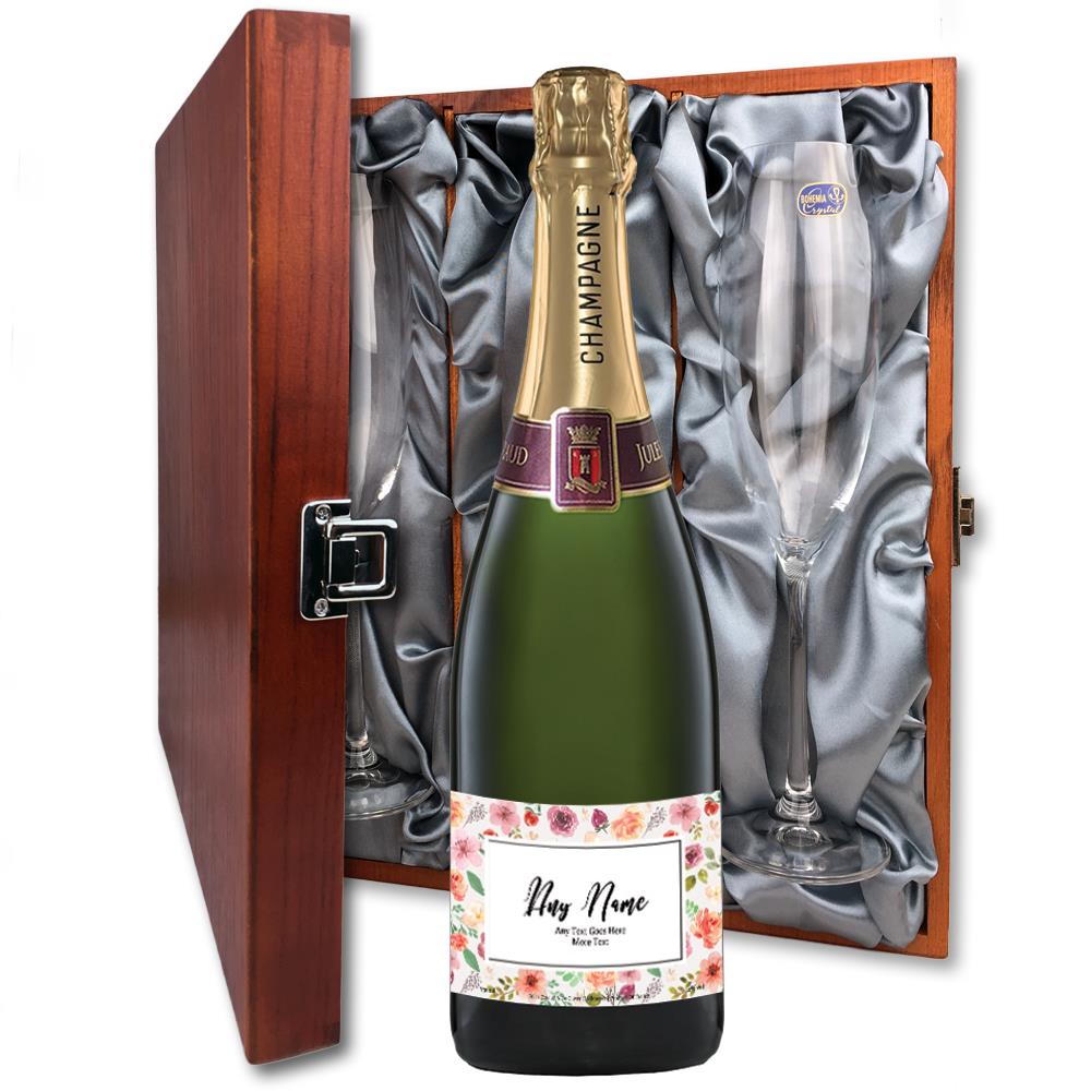 Personalised Champagne - Art Border Label And Flutes In Luxury Presentation Box