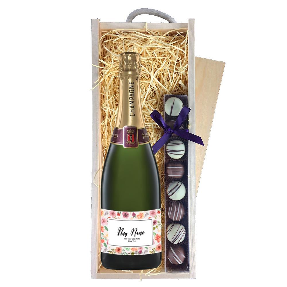 Personalised Champagne - Art Border Label & Truffles, Wooden Box