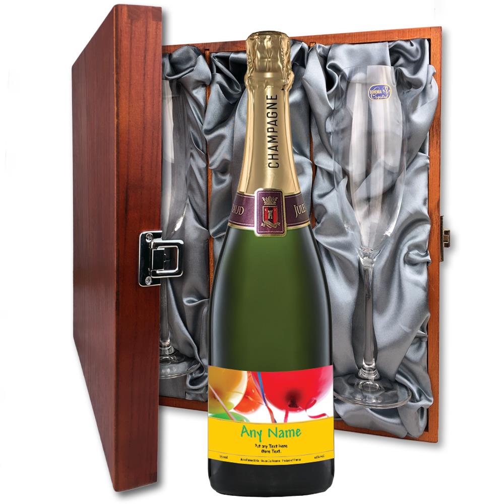 Personalised Champagne - Birthday Balloons Label And Flutes In Luxury Presentation Box