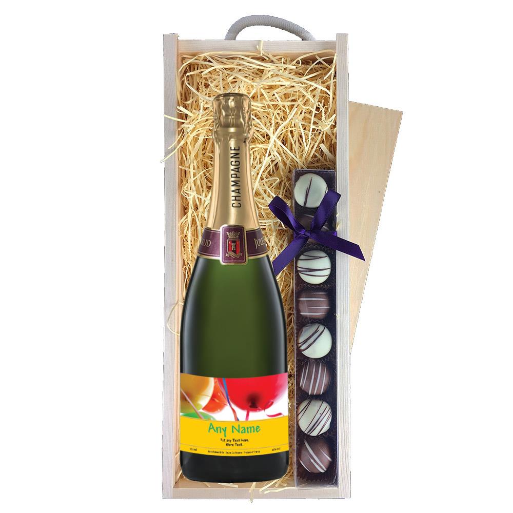 Personalised Champagne - Birthday Balloons Label & Truffles, Wooden Box