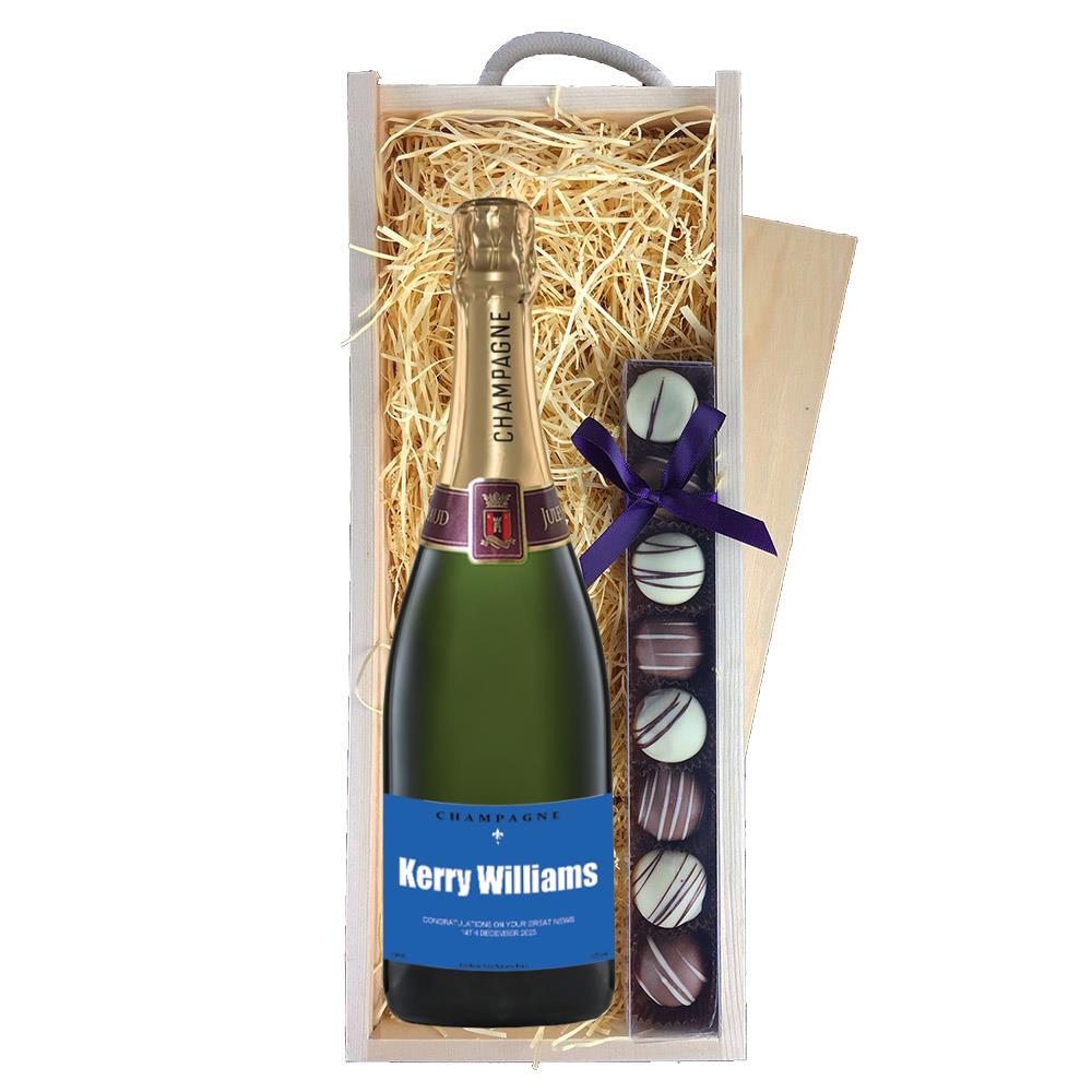 Personalised Champagne - Blue Label & Truffles, Wooden Box
