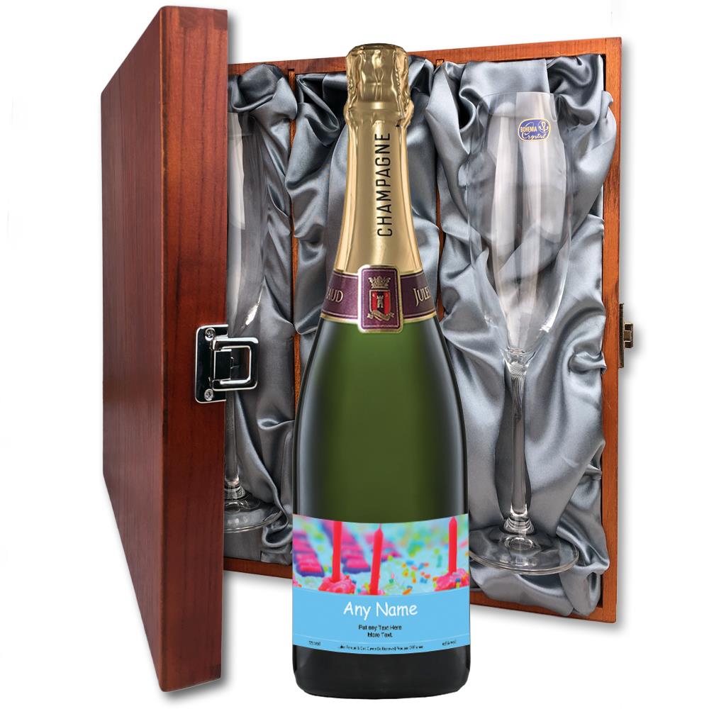 Personalised Champagne - Cake & Candles Label And Flutes In Luxury Presentation Box