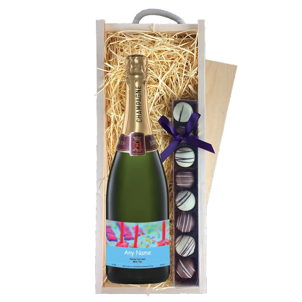 Personalised Champagne - Cake & Candles Label & Truffles, Wooden Box