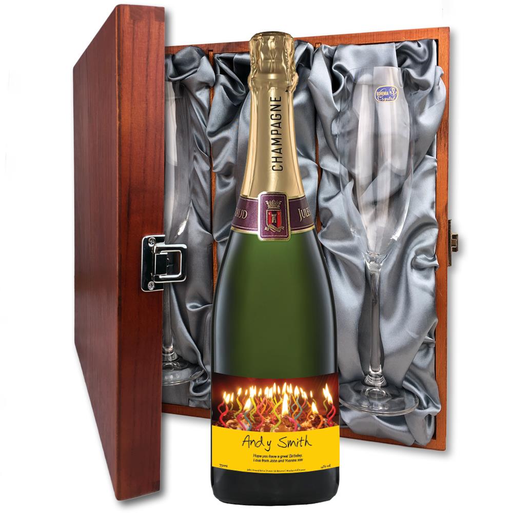 Personalised Champagne - Candles Label And Flutes In Luxury Presentation Box