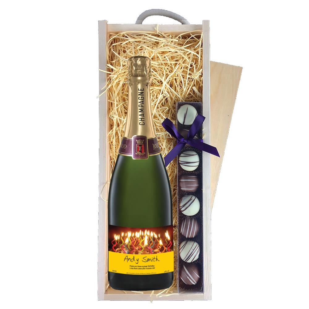 Personalised Champagne - Candles Label & Truffles, Wooden Box