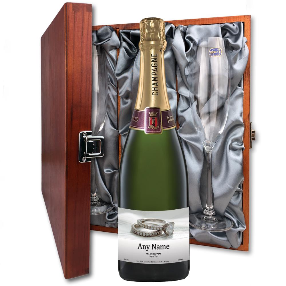 Personalised Champagne - Engagement Ring Label And Flutes In Luxury Presentation Box