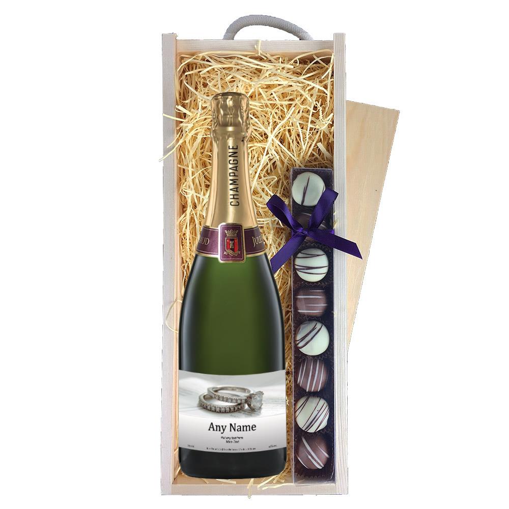 Personalised Champagne - Engagement Ring Label & Truffles, Wooden Box