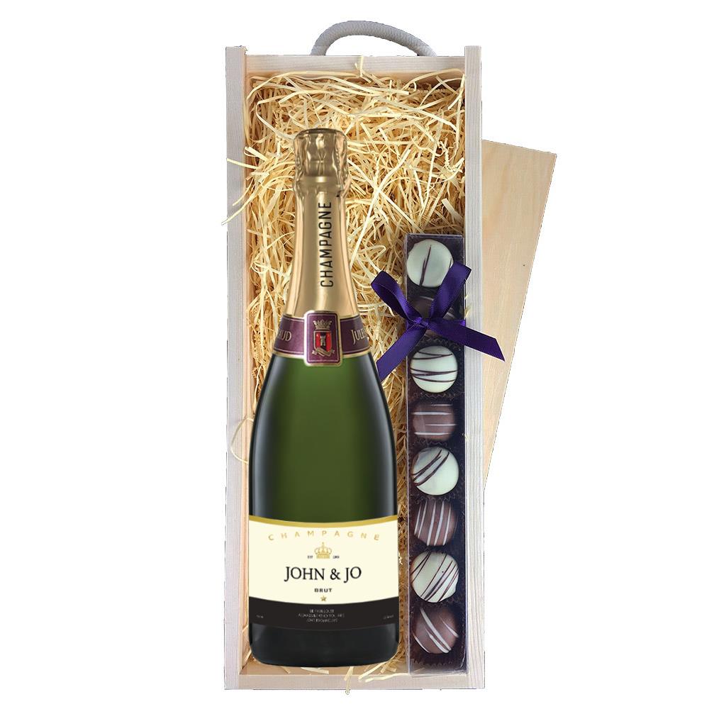 Personalised Champagne - Gold Fabulous Label & Truffles, Wooden Box