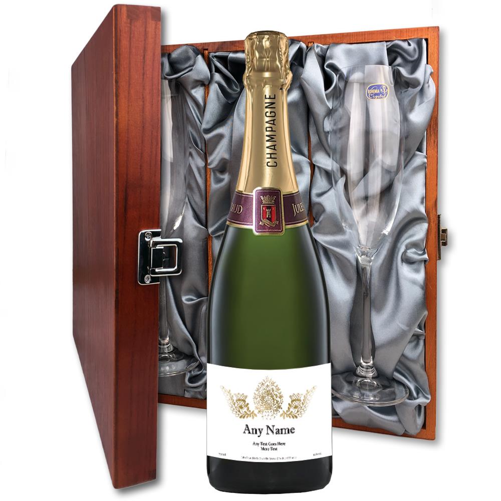 Personalised Champagne - Gold Ornate Label And Flutes In Luxury Presentation Box
