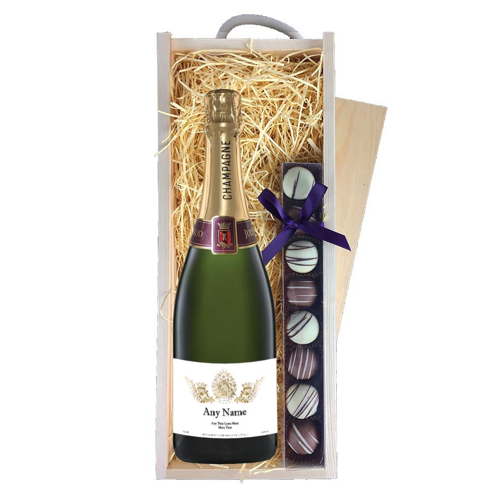 Personalised Champagne - Gold Ornate Label & Truffles, Wooden Box