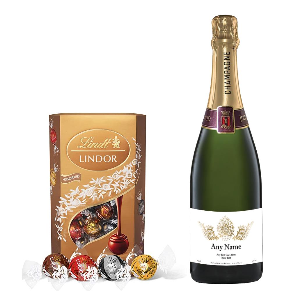 Personalised Champagne - Gold Ornate Label With Lindt Lindor Assorted Truffles 200g