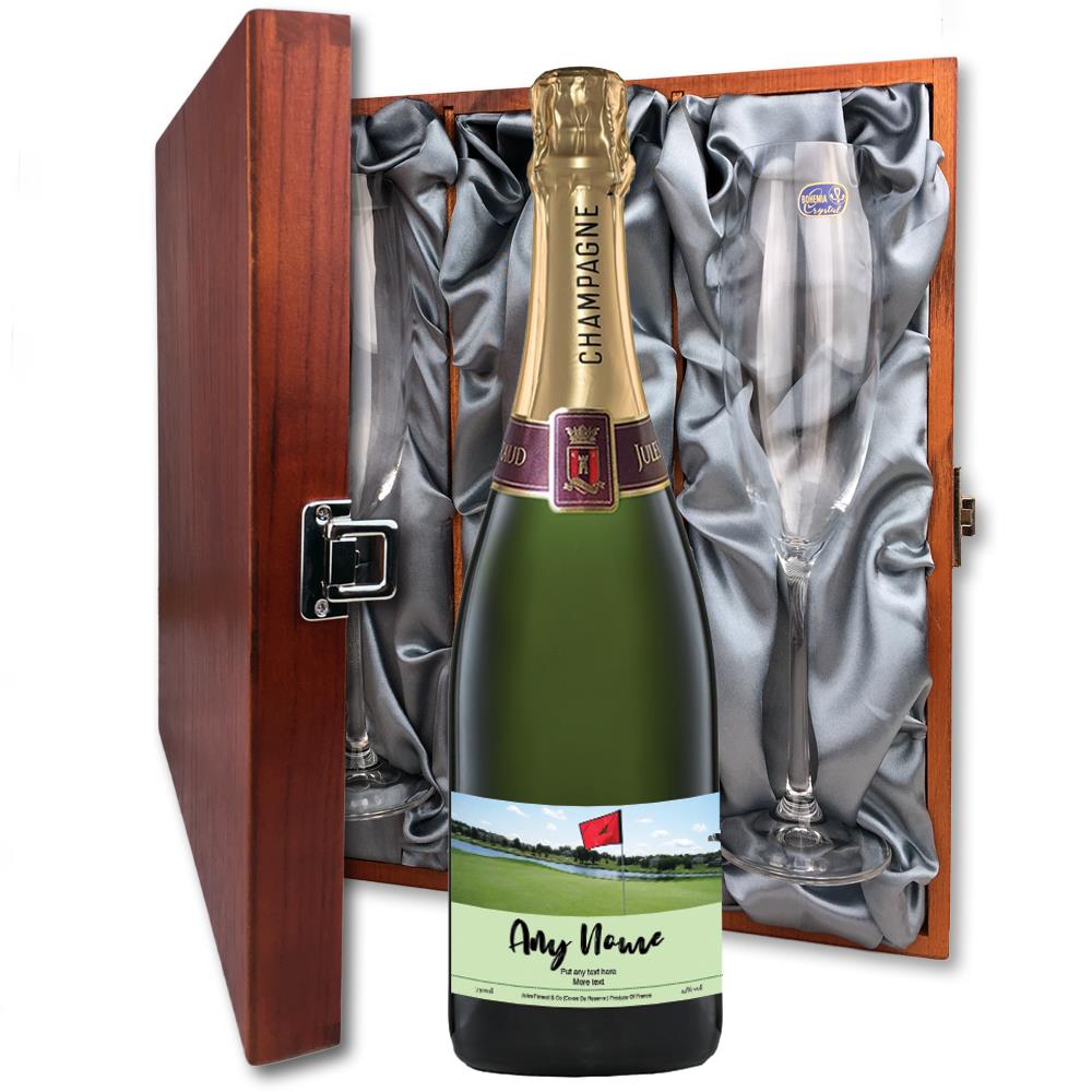 Personalised Champagne - Golf Label And Flutes In Luxury Presentation Box