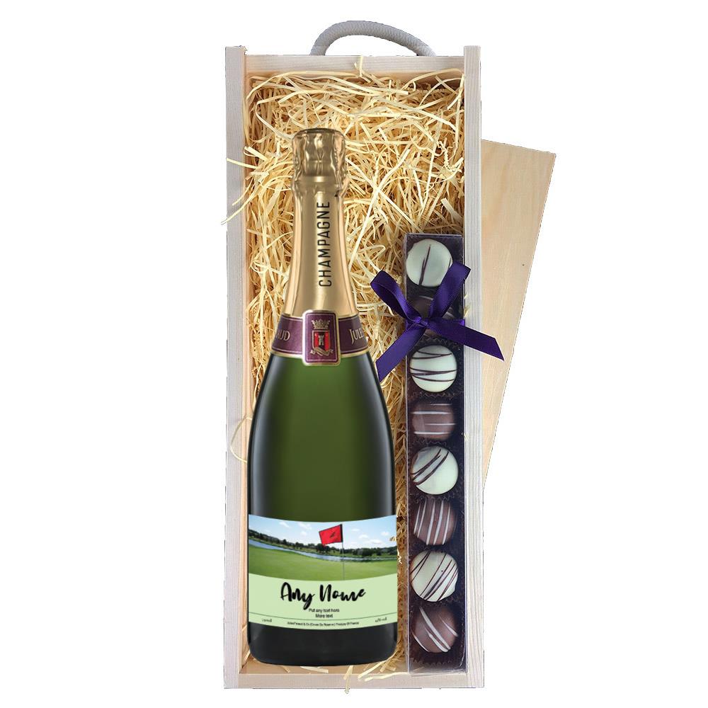 Personalised Champagne - Golf Label & Truffles, Wooden Box