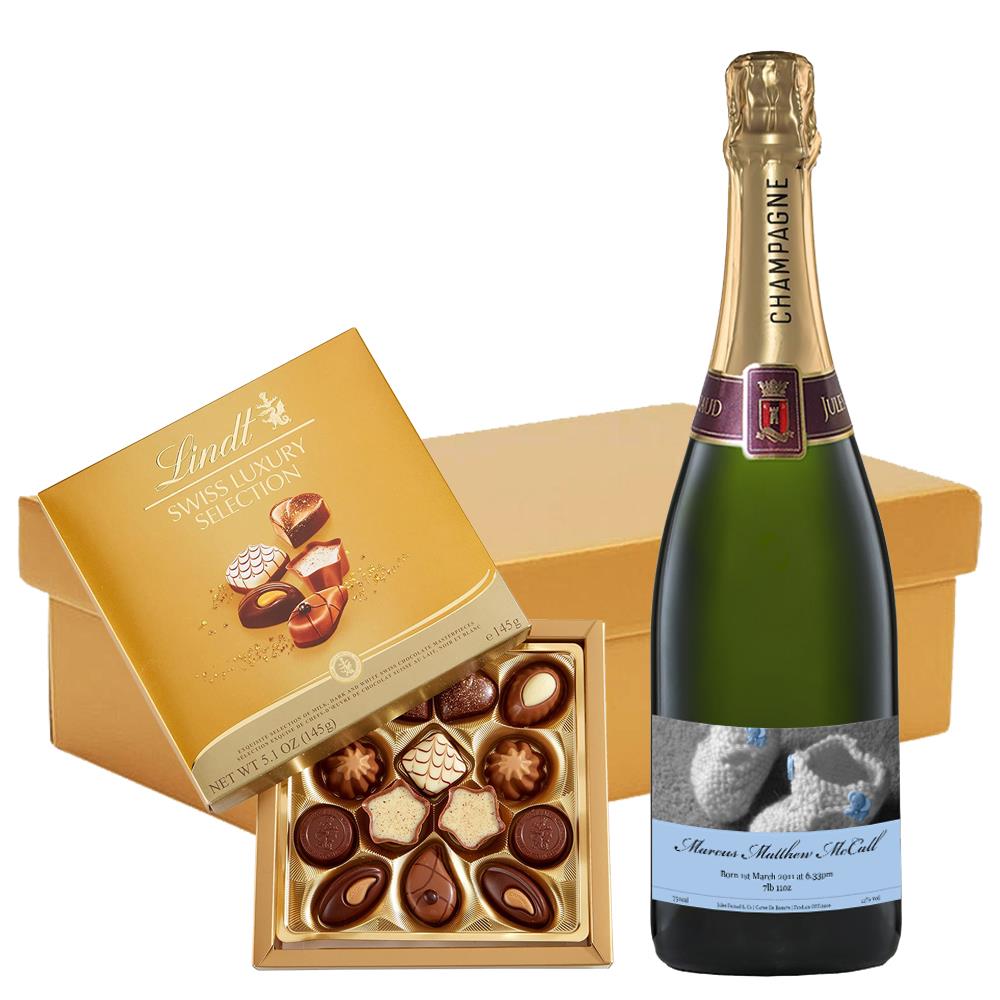 Personalised Champagne - New Baby Boy Label And Lindt Swiss Chocolates Hamper