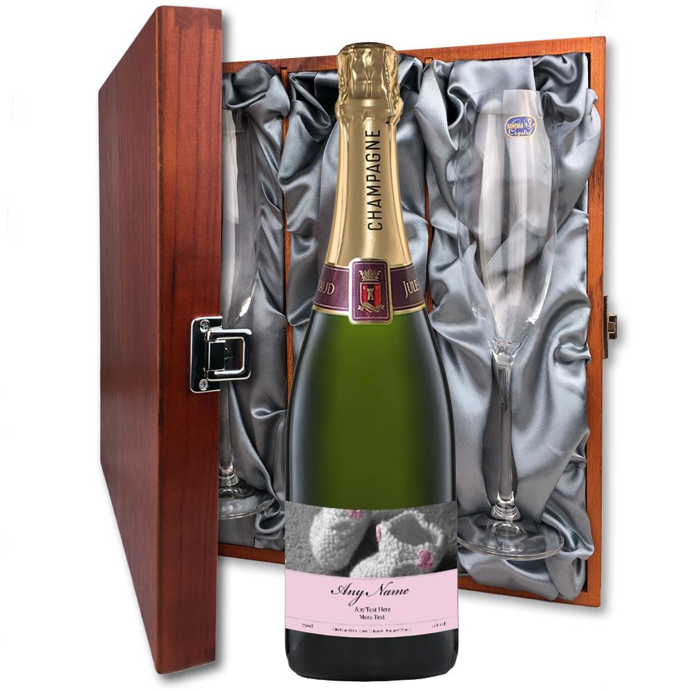 Personalised Champagne - New Baby Girl Label And Flutes In Luxury Presentation Box