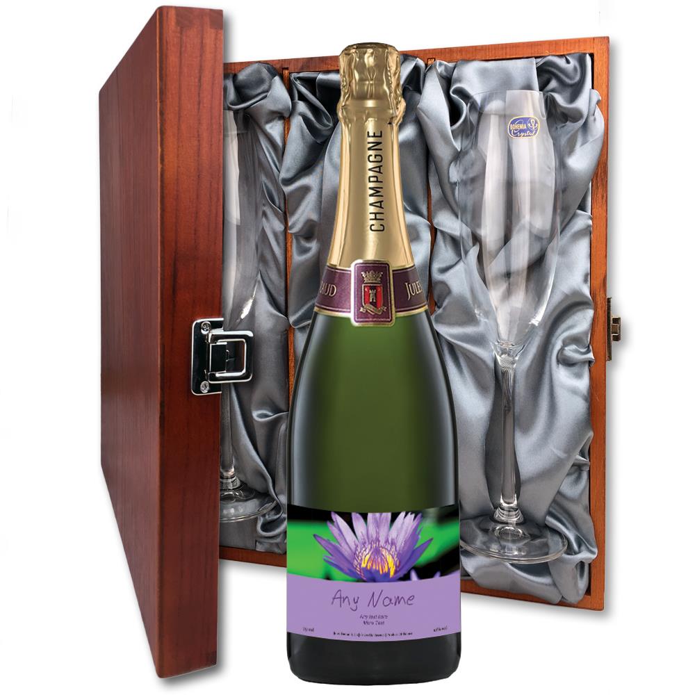 Personalised Champagne - Purple Flower Label And Flutes In Luxury Presentation Box