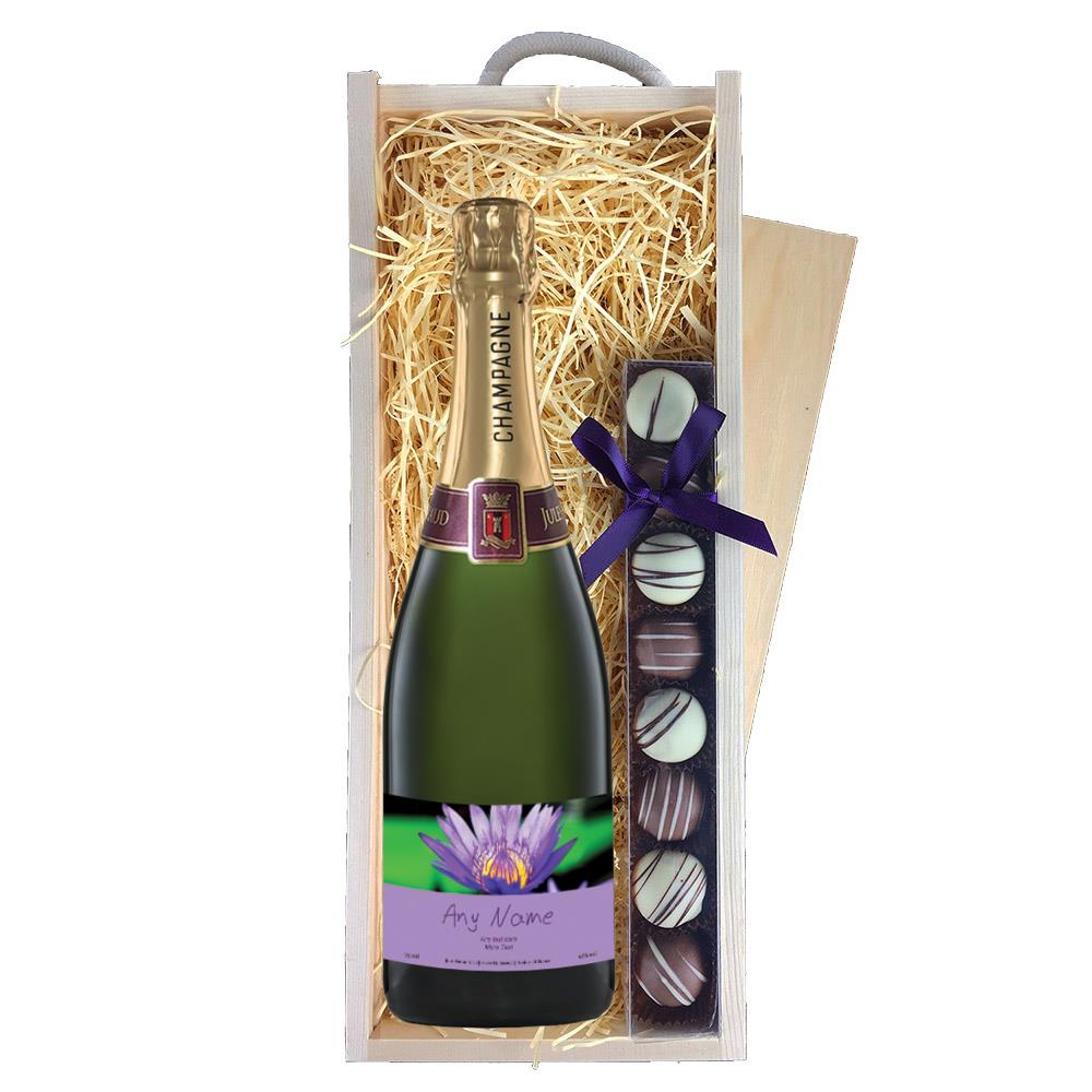 Personalised Champagne - Purple Flower Label & Truffles, Wooden Box