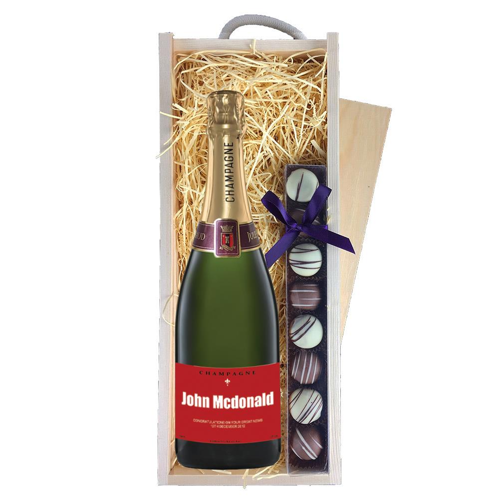 Personalised Champagne - Red Label & Truffles, Wooden Box