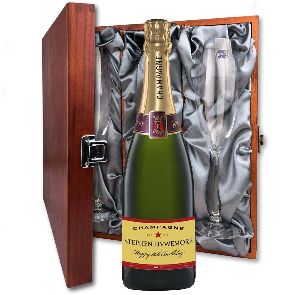 Personalised Champagne - Red Star Label And Flutes In Luxury Presentation Box