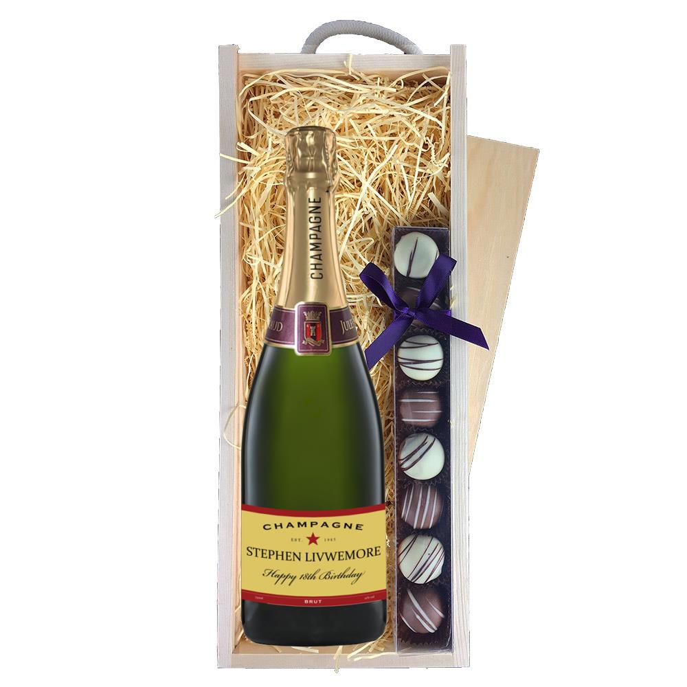 Personalised Champagne - Red Star Label & Truffles, Wooden Box